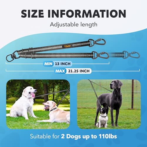 Double Dog Leash – Adjustable Length Long Leash for Dog Training – Dual Reflective Dog Leash with Non-Tangle Design – Heavy Duty Nylon and Metal Buckles – Ideal - color: Black