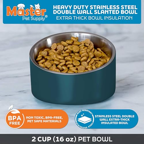 Master Pet Supply Stainless Steel Slanted Dog Cat Food Bowl - 16 oz Heavy Duty - Emerald Sea, Double Wall Insulated, Non-Slip Elevated Bowl for French Bulldogs Pugs Cats, Anti Rust Dishwasher Safe - color: Emerald Sea, size: 2 Cups (16 oz)
