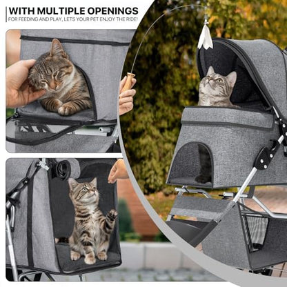 MoNiBloom 3 Wheels Pet Dog Cat Stroller for Small Medium Dogs and Cats, Lightweight Foldable Jogger Stroller w/Storage Basket and Cup Holder, Gray - color: Gray
