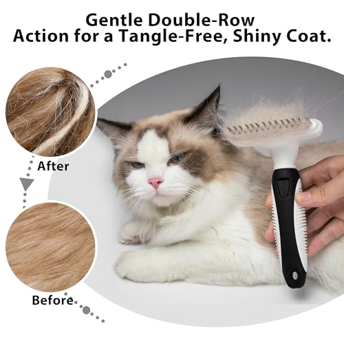 Dog Cat Grooming Tool Rake, Pet Dematting Tool with Stainless Steel Shedding Comb, Double Row Pet Rake Gently Remove Loose or Tangled Hair from Undercoat Black - color: Black