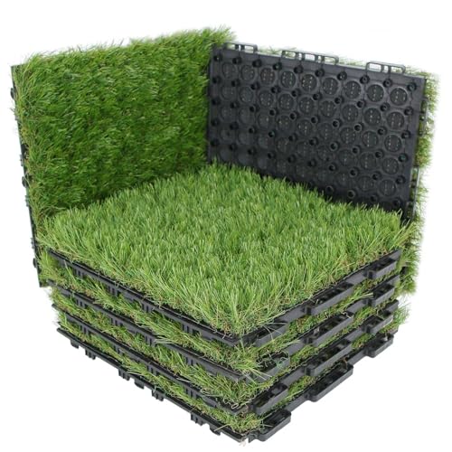 XLX TURF Interlocking Fake Grass Tiles 12 X 12 Inch, Self-draining Artificial Grass Squares for Patio, Balcony, U Shape Buckle System, 6 Pack - color: U Shape Lock Tile-green, size: 12"x12"/6 Piece