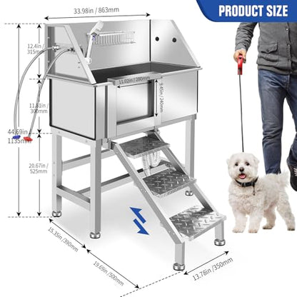 Stainless Steel Dog Washing Station, Pet Grooming Tub W/Storage Stairs, Faucet & Showerhead & Soap Holder Dog Bathtub for Large & Medium & Small Pets,34" L-RAMP - color: 34" L-RAMP