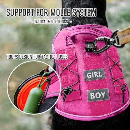 Tactical Dog Harness for Medium & Large Dogs, Rose Pink Adjustable No-Pull Control with Handle, Heavy Duty Reflective Vest - Size L - color: ROSE PINK, size: L