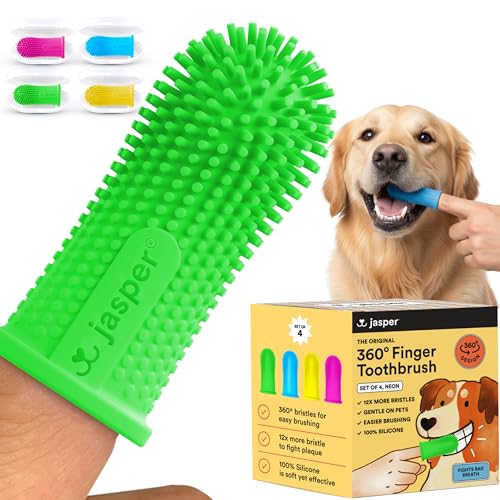 Jasper Dog Toothbrush, 360 Degree Pet Tooth Brushing Kit, Cat Toothbrush, Canine Dental Care & Teeth Cleaning Kit, Pet Finger Tooth Brush, Use with Dog Toothpaste, 4-Pack Neon - color: Neon (4-pack)