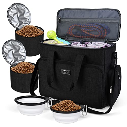 BAGLHER Dog Travel Bag, Airline Approved Pet Tote Organizer with Multi-Function Pockets, 2 X Food Storage Containers and 2 X Collapsible Bowls, Perfect Weekend Pet Travel Set for Dog, Cat Black - color: Black, size: Large