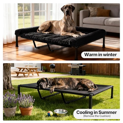 Veehoo Elevated Dog Beds Large Sized Dog with Fluffy Plush Bolster Cushion, Washable Orthopedic Dogs Couch Bed, Raised Pet Cot with Removable Mat, Breathable Mesh, No-Slip Feet, 59 x 37 inches, Black - color: Black, size: 59"L x 37"W x 7.9"Th