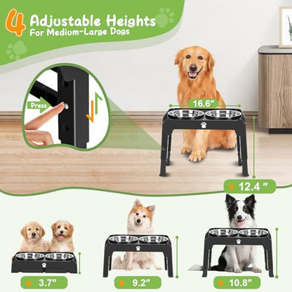 Elevated Bowls with Adjustable Heights - Raised Stand with 2 Stainless Steel Food Bowls, Non-Slip Foldable Feeder for Medium Large Dogs, Adjusts to 12.36", 10.75", 9.2", 3.7", Black - color: Black, size: Medium dogs