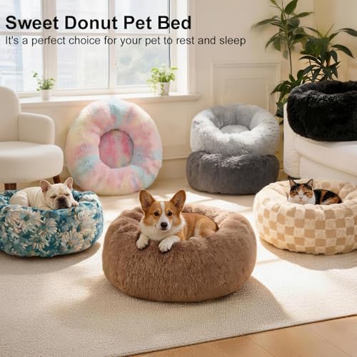 Dog Bed Calming Beds for Small Medium Dogs - Round Donut Washable Dog Bed, Anti-Slip Faux Fur Fluffy Donut Cuddler Anxiety Cat Bed(Light Grey 24") - color: Light Gray, size: 24"L x 24"W x 8"Th