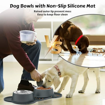 AsFrost Dog Food Bowls Stainless Steel Dog Food & Water Bowl Set with No Spill No Slip Silicone Mat, Dog Dishes for Small Medium Size Dogs Pet Cat Puppy Food Feeding Bowls, Grey, 24oz, 3 Cup - color: Grey, size: 3 Cup/27 oz each