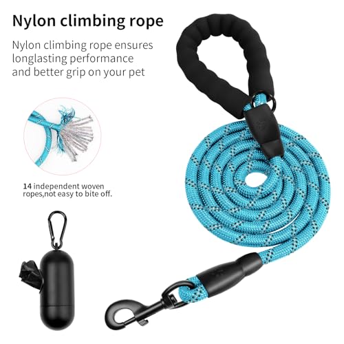 Heavy Duty Dog Leash for Large Medium Small Breed Dogs, Reflective Rope Dog leashes with Comfortable Handle,4/5/6 FT Pet Puppy Leash for Night Walking with Poop Bag Holder,Sky Blue,1/2 inch