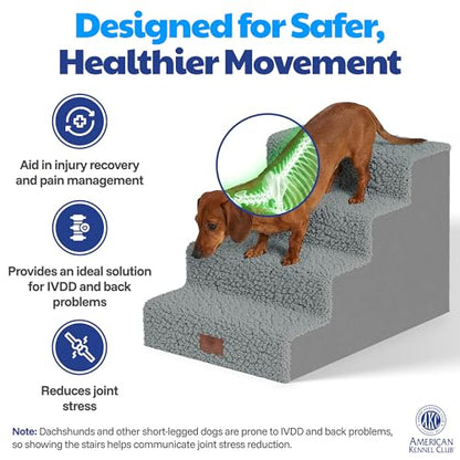 AKC – 4-Step Pet Stairs for Beds & Couch | Built for Small Dogs & Small Breeds | Long-Back & Senior Dogs | Lightweight, Soft, Non-Slip, Washable | No-Tool Assembly | Supports 35 lbs | 16x24x14.2 in