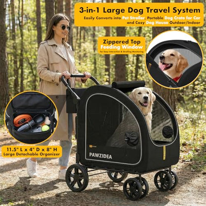 PAWZIDEA 3-in-1 Dog Stroller for Large Dogs with Detachable Carrier up to 100lb, 45% Extra Tall Dog Car Crate Sit Upright, Foldable Pet Stroller for 2 Medium Dogs All-Terrain Jogger, Adjustable Handle - color: Black Warrior