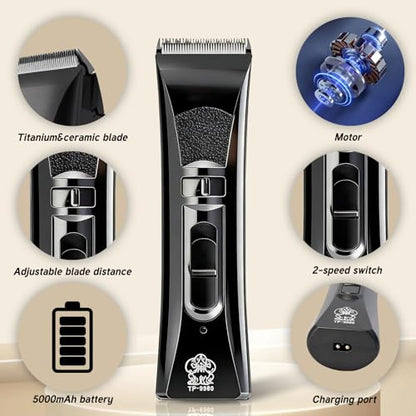 Tife Dog Clipper Low Noise, Dog Grooming Kit with Rechargeable, Pet Shaver Cordless Electric Quiet Hair Clipper (Black-tp9980) - color: Black-tp9980