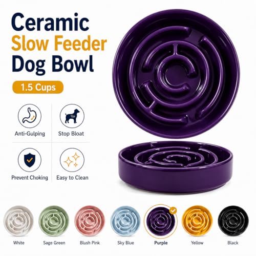 Ceramic Slow Feeder Dog Bowls with Anti-Slip, Slow Feeder & Non-Slip Design, Boredom and Anxiety Reducer, Suitable for All Breed Dogs and Cat (Ceramic-Purple) - color: Ceramic-Purple