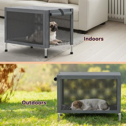Medium Stainless Steel Elevated Dog Crate with Removable Cover, 2-in-1 Indoor & Outdoor Raised Pet House, Rust-Proof Dog Kennel with Silicone Anti-Slip Feet, Tool-Free Assembly - size: 32.0"L x 20.0"W x 24.0"H
