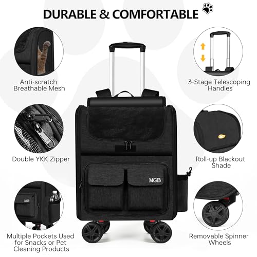 MGB Rolling Cat Carrier with Wheels: Dog Carrier for Small Dogs & Large Cats, Large Cat Carrier with YKK Zipper, Large Capacity, Breathable Mesh, Side Pocket, Black (Not for Airline) - color: Black