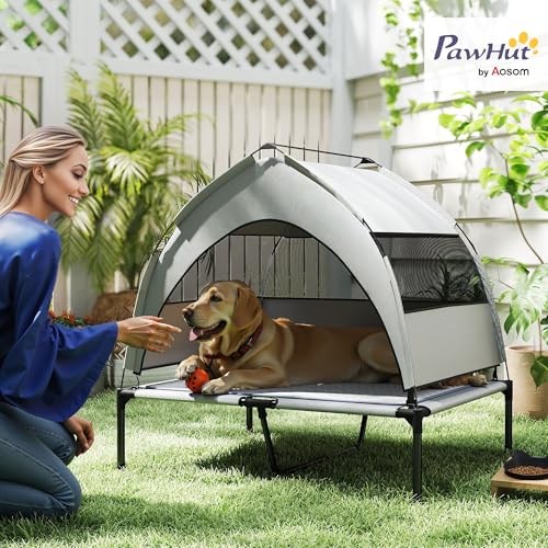 PawHut Elevated Dog Bed with Cooling Pad, Raised Outdoor Pet Bed with Removable Canopy, Breathable Mesh, Storage Bag, Portable Pet Cot for Indoor Outdoor Large Dogs, 36" x 29.5" x 35", Light Gray - size: 3' L x 2.5' W x 2.9' H