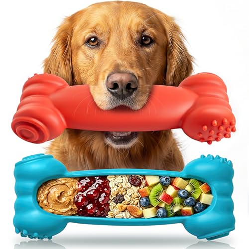 KXK Dog Toys for Aggressive Chewers - 2 Pack Indestructible Nylon Chew Bones with Frozen Enrichment Treat Dispenser & Teeth Cleaning to Keep Dogs Busy, for Pitbull, Large & Medium Breeds - color: Green & Red