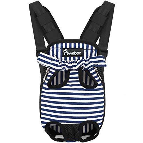 Pawaboo Pet Carrier Backpack, Adjustable Pet Front Cat Dog Carrier Backpack Travel Bag, Legs Out, Easy-Fit for Traveling Hiking Camping for Small Medium Dogs Cats Puppies, Medium, Blue & White Stripes - color: Blue & White Stripes, style: Medium (Pack of