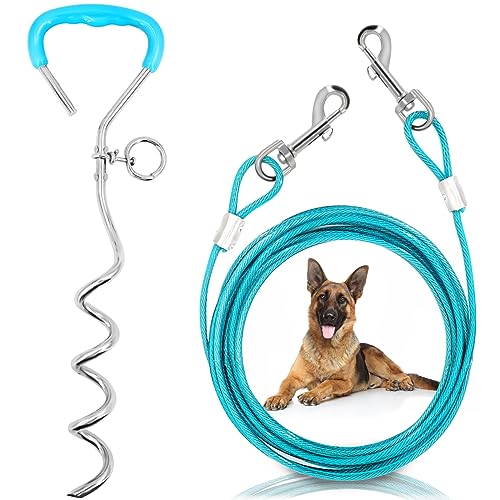 Supet Dog Tie Out Cable and Stake, Heavy Duty Runner with 32/16/10 FT Lead, Long Leash/Tether for Camping Backyard Outdoor Ground, Chain for Medium Large Dogs up to 125lbs - color: Turquoise, size: 16ft/5meter