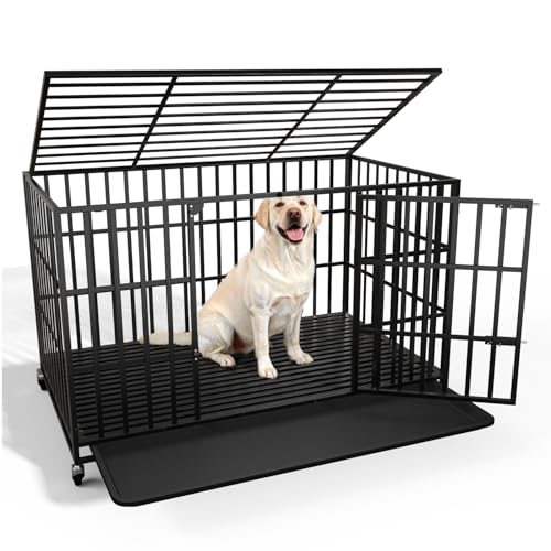 LEMBERI 48 Inch Heavy Duty Dog Crate, Indestructible Dog Kennel Indoor, Escape Proof Pet Cage for Large Dogs, High Anxiety Dog Crate with Double Door, Lockable Wheels & Removable Tray - color: Black, size: 47.2"L x 28.4"W x 30.1"H