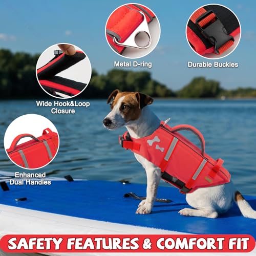 EMUST Dog Life Vests, Adjustable XS Dog Life Jacket with Rescue Handle, Puppy Flotation Vest for Small/Medium/Large Dogs, XS, Red - color: NewRed, size: XS
