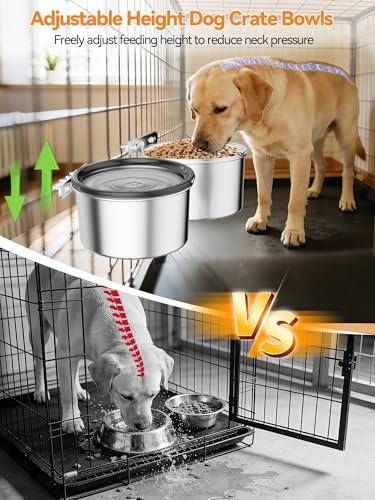 2 Pcs No Spill Dog Water Bowl for Crate, 2.5L Stainless Steel Hanging Kennel Bowls with Adjustable Height, Anti-Splash Water & Food Bowl Set for Cage Kennel Crate, Medium Large Dogs (Grey) - color: Grey