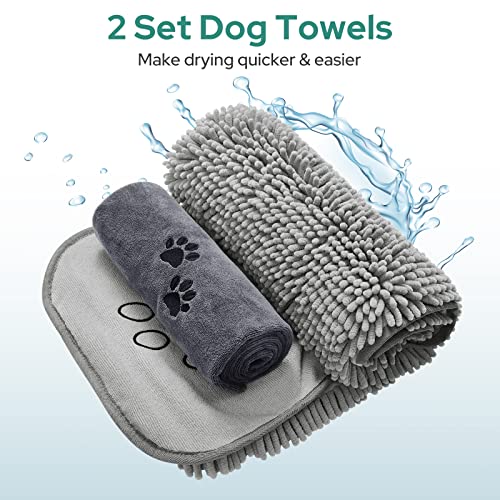 HOMEIDEAS 2 Pack Dog Towels Set, Chenille and Microfiber, Super Absorbent Soft Bath Shammy Towel with Hand Pockets for Pets Drying