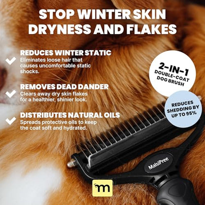 MalsiPree Dog Brush - Large, Black - 2-in-1 Undercoat Rake & Dematting Rake - Shedding Brush & Deshedding Tool for medium to Large Double-Coated Dogs & Cats