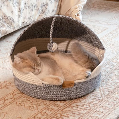 CHEERPALS Cat Basket Bed with Washable Cushion and Ball Rope Cotton, Covered Pet Bed for Indoor Cats Cave Bed Hooded, Stimulicat Cat Bed Handwoven Breathable, All Season Universal(Blue) - color: Blue