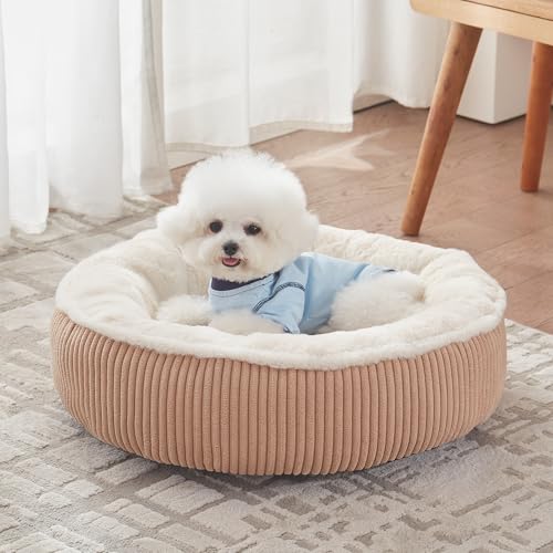 23 inches Donut Dog Bed for Small Dogs - Calming Round Puppy Bed with Removable &Washable Cover, Plush Faux Fur & Corduroy Pet Bed for Cats, Fits Pets up to 15 lbs(Brown,Small) - color: Brown, size: 23.0"L x 23.0"W x 7.0"Th