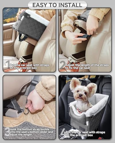 PETSFIT Center Console Dog Car Seat with Safe Protection Hooks, Pet Car Seat with Upgraded Safety Tethers, Washable Cushion, Console Dog Car Seats for Small Dogs Up to 8 Lbs (Grey) - color: Grey