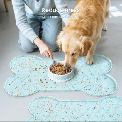 PWTAA Dog Food Mat Anti-Slip Silicone Dog Bowl Mat Thicker Pet Placemat Waterproof Cat Feeder Pad with Raised Edge Puppy Kitten Feeding Mats Suitable Small Medium-Sized Dogs Cats Eating Tray - 2PCS - color: Donut Blue, size: 19.4" x 9.8"-2PCS