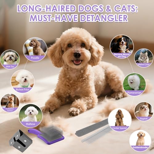 Large Slicker Brush, 2Pc Doodle Grooming Kit with Comb,Purple | With two leather protective covers; ideal for Poodles, Labradoodles; extra long pin; premium wooden handle; removes mats. - color: Purple