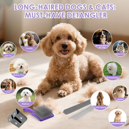 Large Slicker Brush, 2Pc Doodle Grooming Kit with Comb,Purple | With two leather protective covers; ideal for Poodles, Labradoodles; extra long pin; premium wooden handle; removes mats. - color: Purple