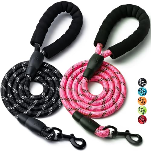 2 Pack Dog Leash, 4/5//6 FT Heavy Duty Nylon Rope Pet Leashes with Comfortable Padded Handle, Reflective Dog Leashes for Small Medium and Large Dogs (5FT-1/2,Black/Pink) - color: 2PCS-Black+Pink, size: 1/2"x 5 FT (18~120 lbs.)