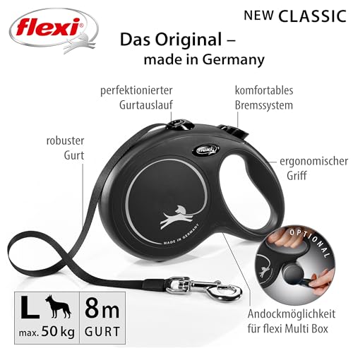 FLEXI New Classic Tape Retractable Dog Leash for Large Dogs Upto 110 lbs. – 26 ft., Black | Tangle Free Pet Walking Leash with One-Handed Brake, Pause, Lock|German Quality Product - color: Multi, size: L (Pack of 1)
