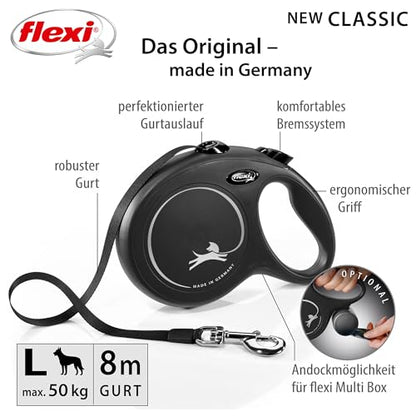 FLEXI New Classic Tape Retractable Dog Leash for Large Dogs Upto 110 lbs. – 26 ft., Black | Tangle Free Pet Walking Leash with One-Handed Brake, Pause, Lock|German Quality Product - color: Multi, size: L (Pack of 1)