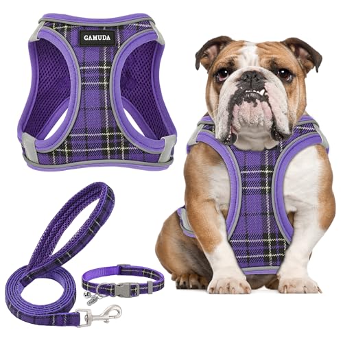 GAMUDA Small Dog Harness Collar and Leash Set, Step in No Chock No Pull Soft Mesh Adjustable Dog Vest Harnesses Plaid Reflective for Dogs Puppy Cats Kitten Rabbit (Purple, XL) - color: Purple, size: XL