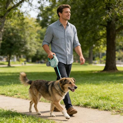 16Ft Retractable Dog Leash with LED Light, Pet Walking Leash Strong Nylon Tape to 110lbs 360° Tangle-Free One-Handed Brake, Pause, Lock - Olive Green