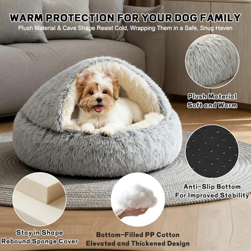 YUDANSI Calming Small Dog Bed & Indoor Cat Bed - Plush Fluffy Hooded Cave Nest, Anti-Slip Self-Warming, Washable Built-in No-Collapsing Support (Grey-65cm/26in) - color: Non-removable-65cm