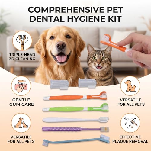 Finger Rubber Pet Toothbrush Set, Triple Head Double Head Dog Toothbrush for Multi Angle Oral Cleaning of Dog Cat (Set 1)