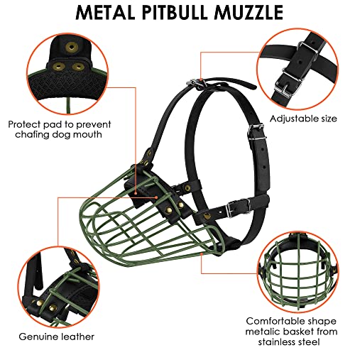 Pitbull Dog Muzzle Metal Mask Amstaff Secure Wire Basket Adjustable Durable Leather Straps for Large Dogs (Green) - color: Green