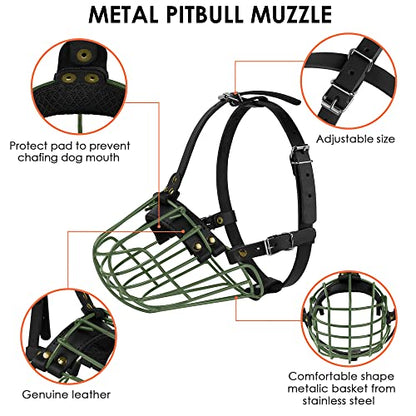 Pitbull Dog Muzzle Metal Mask Amstaff Secure Wire Basket Adjustable Durable Leather Straps for Large Dogs (Green) - color: Green