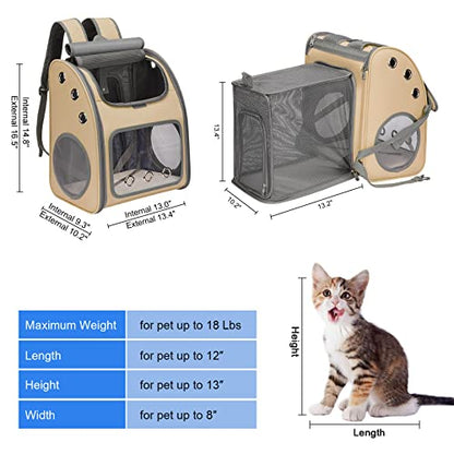 Expandable Cat Backpack Carrier for Cats & Small Dogs Up to 18 lbs | Portable Pet Travel Carrier, Super Ventilated Design, Airline Approved, Ideal for Traveling/Hiking/Camping, Khaki - color: Khaki-Standard