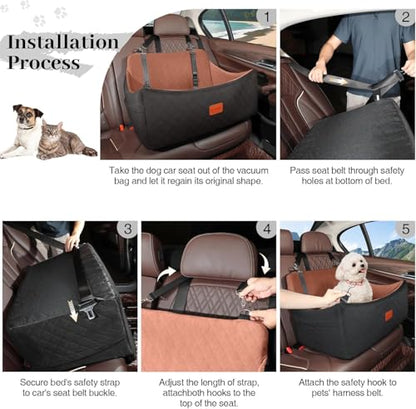 Wooaidagg Dog Car Seat for Medium & Large Dogs Up to 55lbs, Memory Foam Cushion, Washable Cover, Safety Straps & Non-Slip Bottom(Black/Brown,Large) - color: Black/Brown