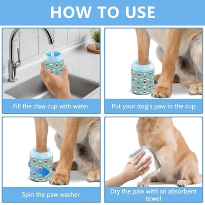 Lighthouse Cloud Teal Print Dog Paw Cleaner Cup with Soft Silicone Brush, Small Lightweight Portable Muddy Paw Washer for Dogs, Easy to Use Pet Foot Cleaner