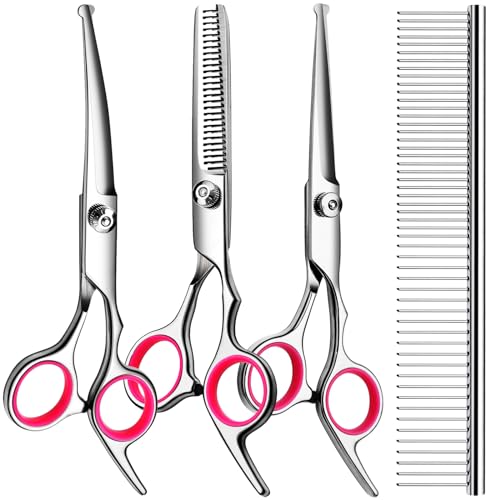 TINMARDA Dog Grooming Kit, Professional Stainless Steel Dog Grooming Scissors with Curved Shears, Pink Finger Rings - 4 Piece Sharp Durable Pet Shears for Dogs Cats At Home Salon-Quality Grooming - color: Pink, size: 4 Piece