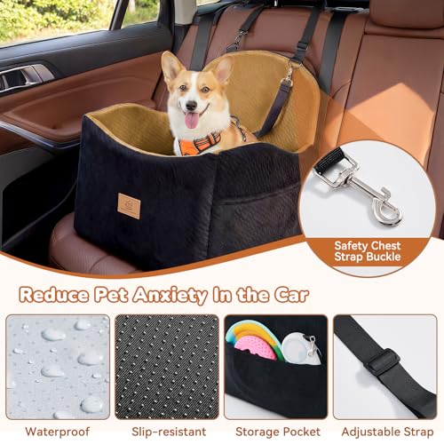 Dog Car Seat for Medium/Small Dogs, Dog Booster Car Seat, Pet Booster Seats Up to 40lbs with Waterproof Layer, 3 Storage Pockets and Safety Belt (Black/Brown) - color: Black/Brown