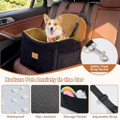 Dog Car Seat for Medium/Small Dogs, Dog Booster Car Seat, Pet Booster Seats Up to 40lbs with Waterproof Layer, 3 Storage Pockets and Safety Belt (Black/Brown) - color: Black/Brown